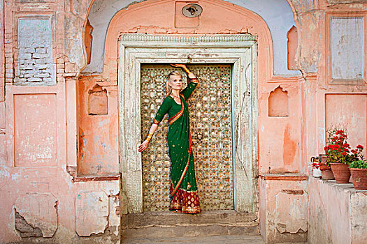 女人,姿势,入口,穿,纱丽,旁遮普,印度