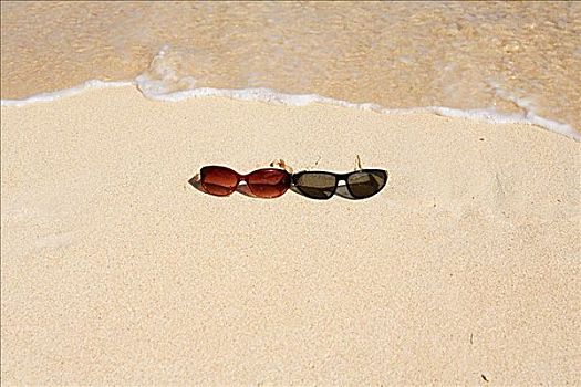 墨镜,沙子,海滩,泡沫,岸边,水