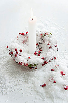 烛台,冰,浆果,白色,蜡烛