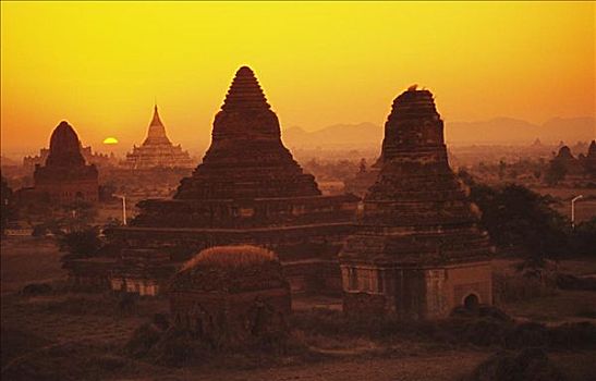 缅甸,蒲甘,俯视,庙宇,橙色天空,落日