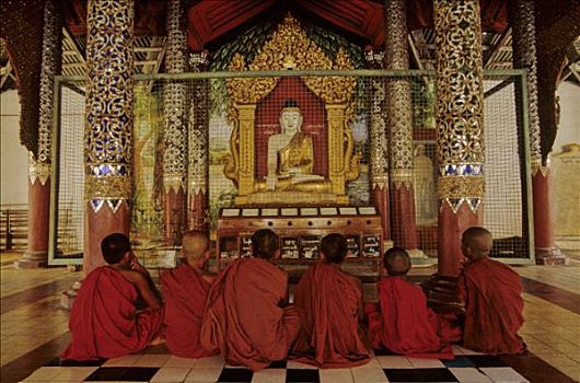 缅甸,蒲甘,瑞喜宫塔,孩子,僧侣
