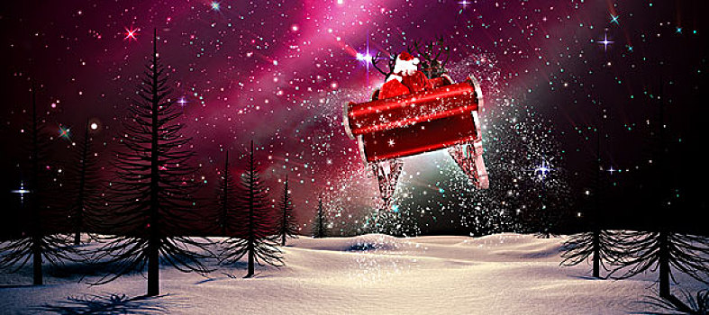 合成效果,图像,圣诞老人,飞,雪撬,极光,闪闪发光,夜空