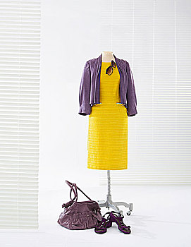 黄色,连衣裙,紫色,皮夹克,衣服,站立
