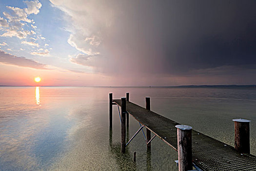 码头,夜光,暴风雨天气,远眺,康士坦茨湖,靠近,布雷根茨,奥地利,欧洲