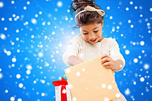 休假,礼物,圣诞节,孩子,人,概念,微笑,小女孩,女孩,礼盒,上方,蓝色,背景