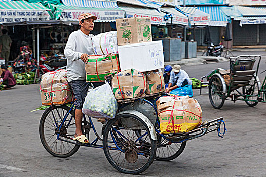 越南,芽庄,坝,市场,超负荷,三轮车,运输,商品