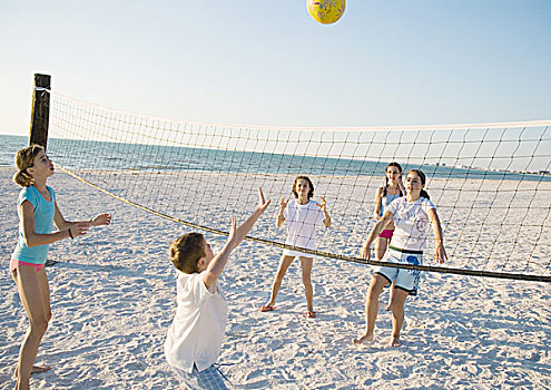 群体,儿童,玩,沙滩排球