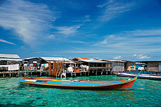 泊船,靠近,海滩小屋,麻布岛,马来西亚