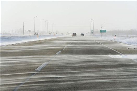 雪,吹,上方,道路,冬天,暴风雪,黄色,头部,公路,靠近,曼尼托巴,加拿大