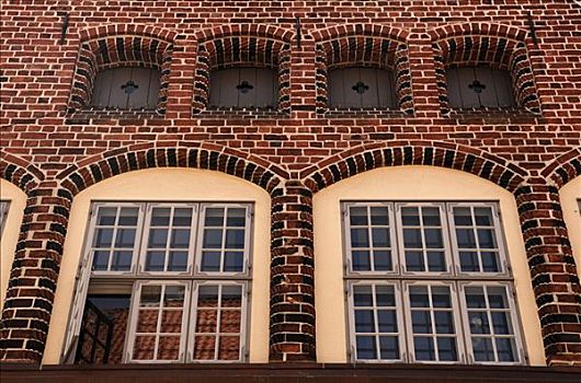 窗户,老,砖制建筑,扭曲,砖,特写,吕内堡,下萨克森,德国,欧洲