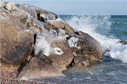 冰,遮盖,石头,海滩,冬天