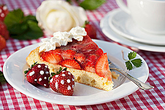 块,草莓蛋糕,新鲜,草莓,糖粉,圆点