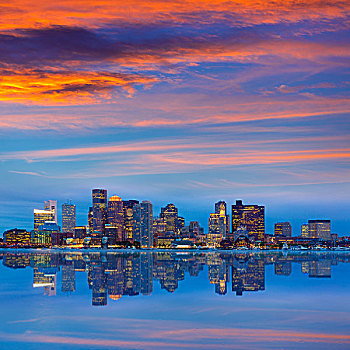 波士顿,天际线,日落,河,反射,马萨诸塞,美国