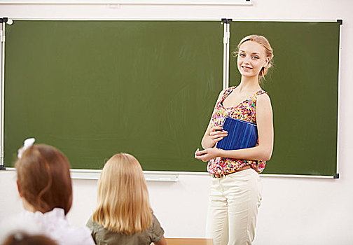 美女,教师,站立,靠近,黑板,学校