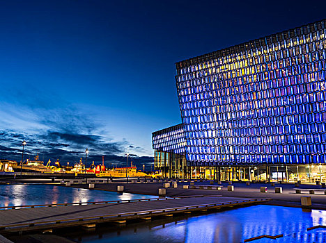 雷克雅未克,新,会议,中心,夜景,建筑,一个,象征,冰岛,大幅,尺寸