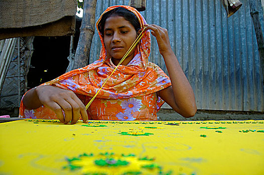 女人,针,纱丽,乡村,达卡,孟加拉,十一月,2007年