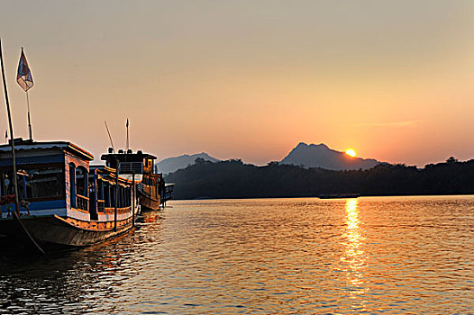 日落,湄公河,河,琅勃拉邦,老挝,东南亚