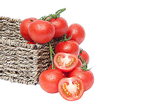 新鲜,成熟,西红柿茎,乡村,篮子,番茄片,隔绝,白色背景,背景