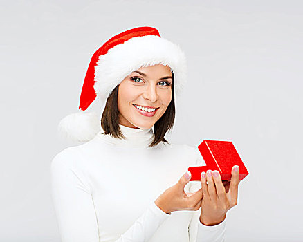 圣诞节,圣诞,冬天,高兴,概念,微笑,女人,圣诞老人,帽子,小,礼盒