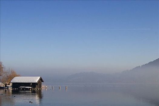 船,小屋,冬天,泰根湖,上巴伐利亚,德国
