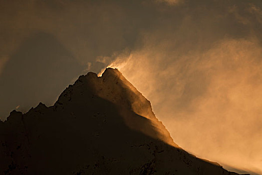 日光,雪,吹,顶峰,楚加奇山,阿拉斯加,冬天