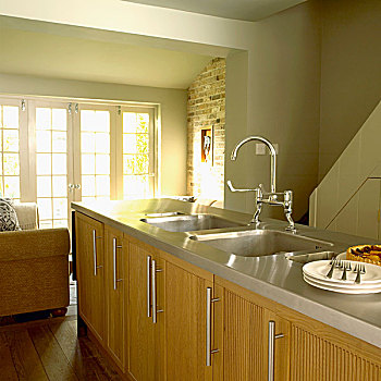 家,风格,厨房,淡色调,绿色,墙壁,木头,柜子,岛屿,水槽