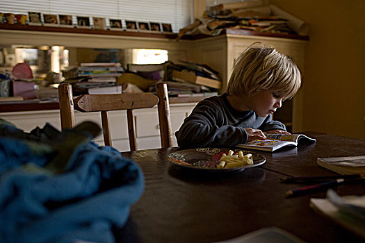 男孩,坐,厨房用桌,读,书本