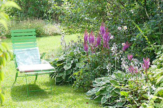 绿色,躺椅,荫凉,床,落新妇属植物,玉簪属植物