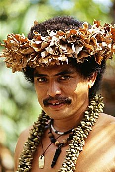 法属玻利尼西亚,塔希提岛,玻利尼西亚人,男人,头饰,干燥,植物