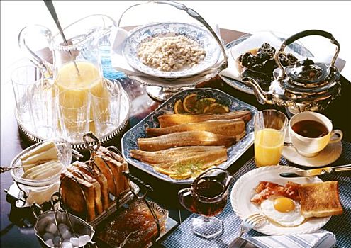 早餐,自助餐,熏制,鲑鱼,熏肉,蛋,粥