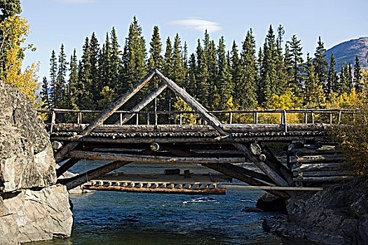 历史,木桥,老,阿拉斯加公路,河,水獭,瀑布,育空地区,加拿大