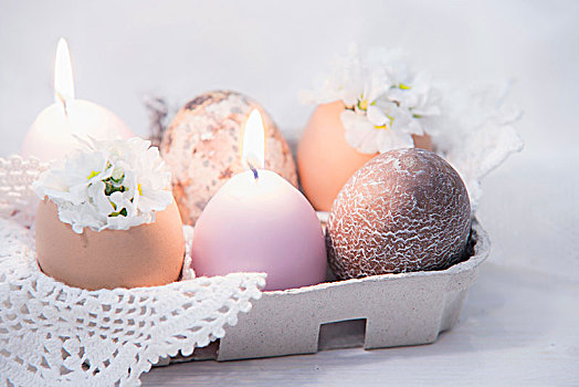 照亮,蜡烛,蛋,鸡蛋格,装饰,白花,编织,装饰垫布
