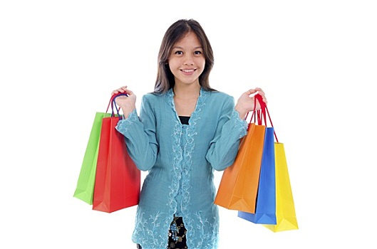 女人,传统,拿着,彩色,购物袋