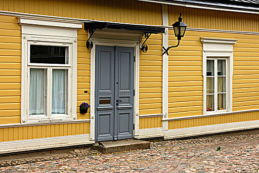 黄色,赭色,建筑,传统,芬兰,原木,房子,窗户,入口,门,老,城镇,波尔沃,欧洲
