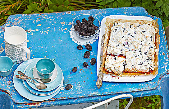黑莓,蛋白甜饼,切片,咖啡,瓷器,花园桌