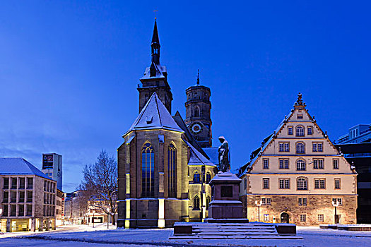 教区教堂,市政厅,塔,纪念建筑,斯图加特,巴登符腾堡,德国,欧洲
