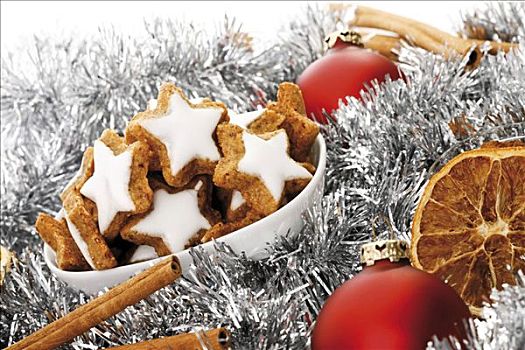 桂皮,味道,星形,饼干,白色,碗,圣诞装饰,肉桂棒,橙子片,圣诞树球