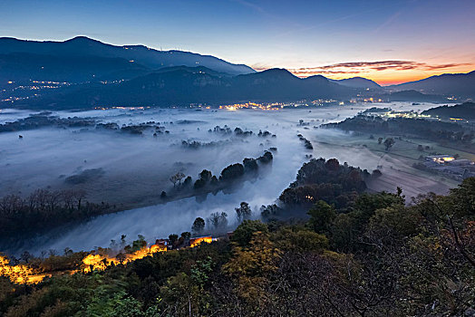雾气,上方,河,风景,圣母玛利亚,莱科,省,布里安扎,伦巴第,意大利