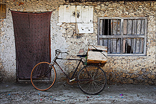 老,自行车,户外,荒废,石头,建筑,桑给巴尔岛,非洲
