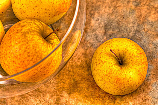 姜,黄金,苹果,旁侧,玻璃碗,俯视