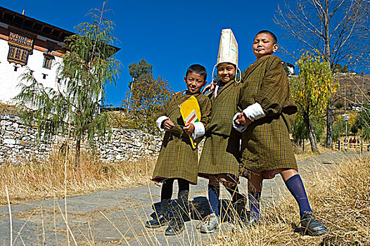 一群孩子,不丹人,传统服装,房屋,宗派寺院,远眺,不丹,十一月,2007年