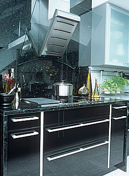 现代,厨房,黑色,不锈钢,柜厨,器具