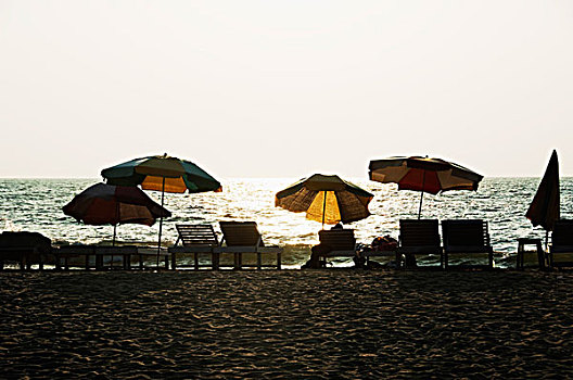 椅子,伞,海滩,果阿,印度
