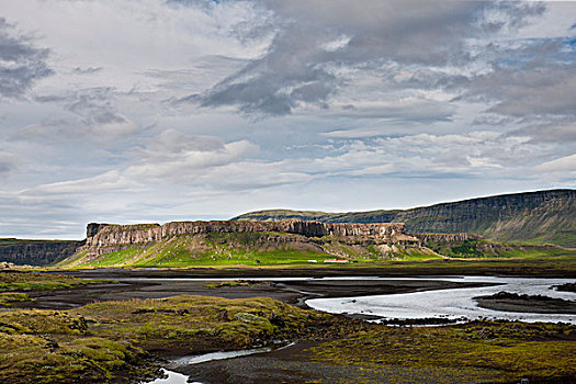 冰岛,河流,熔岩原,玄武岩,悬崖,远景