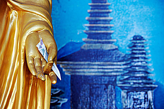 手,佛像,拿着,货币,捐赠,庙宇,仰光,缅甸,东南亚,亚洲