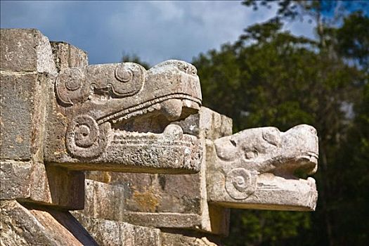 特写,两个,雕像,毒蛇,奇琴伊察,尤卡坦半岛,墨西哥