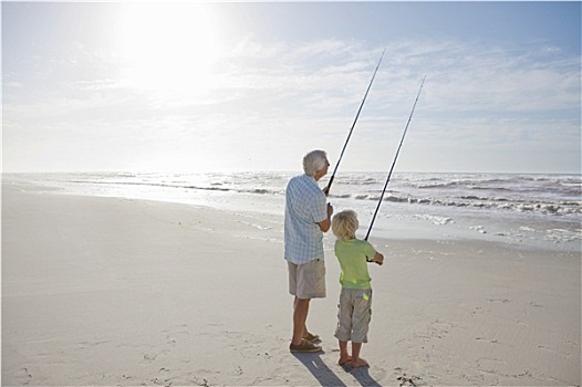 爷爷,孙子,钓鱼,晴朗,海滩
