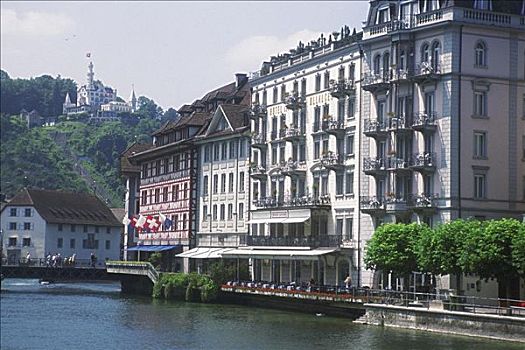 建筑,水岸,琉森湖,瑞士