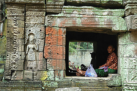 高棉人,纪念建筑,休息,一个,窗户,塔普伦寺,古老,佛教寺庙,收获,柬埔寨,十月,2007年