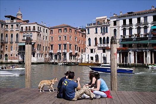 人,坐,太阳,大运河,威尼斯,意大利,欧洲